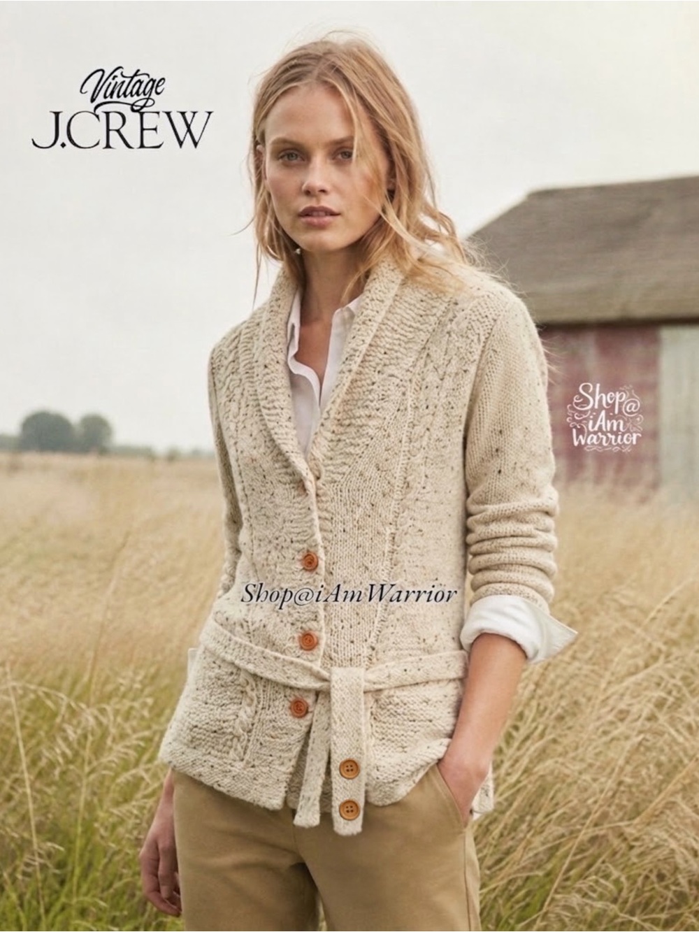 Vintage J.Crew Knit By Hand Donegal Wool Cotton Cable Belted Cardigan